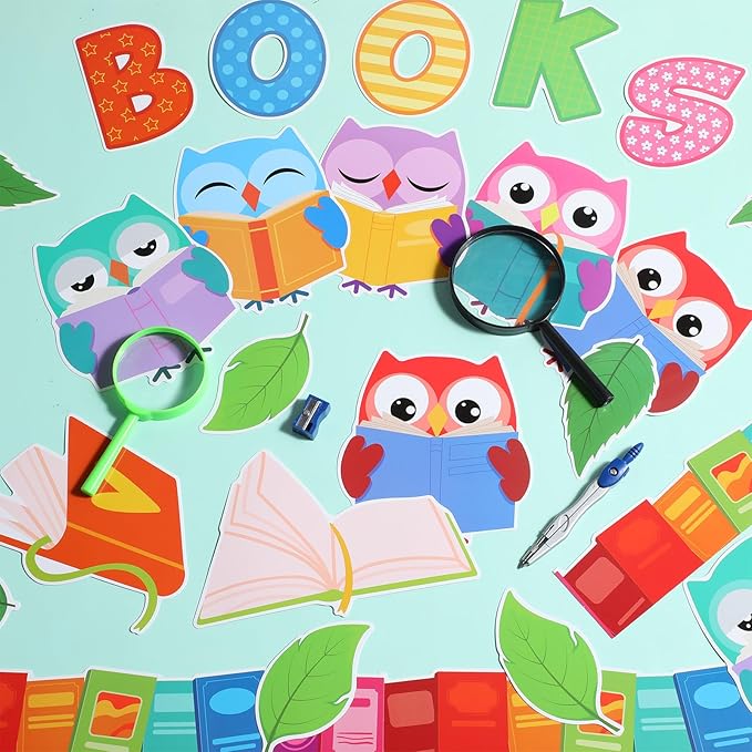 Pasimy Reading Bulletin Board Decorations Fall Classroom Decor Library Bulletin Board Set Owl Paper Cutouts Colorful Book Border Trim for Autumn Halloween Back to School Home Office Wall Door Supplies