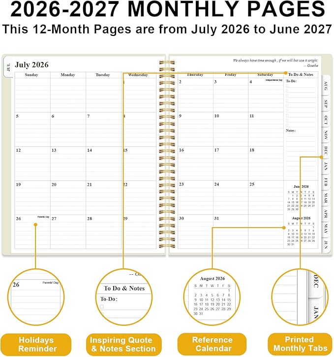 Planner 2026-2027 - Academic Planner from July 2026 to June 2027, Weekly & Monthly Planners Spiral Bound with 12-Month Tabs, Inner Pocket, 8.5" x 11", Beige