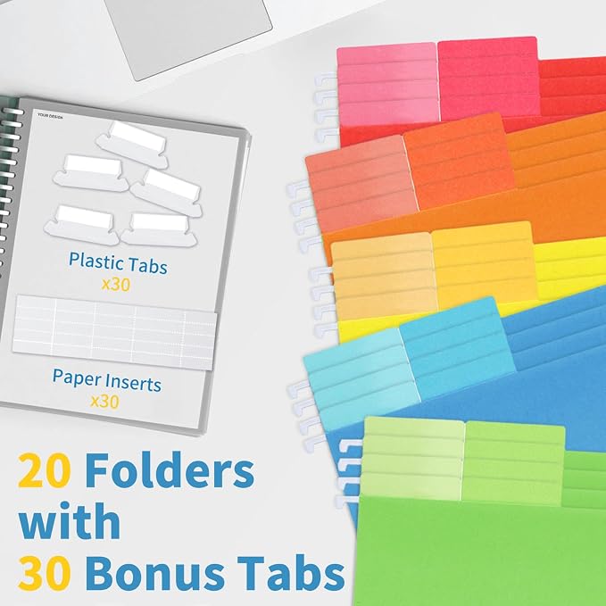 Classification Hanging File Folders with 2 Dividers, Goefun Letter Size Colored Classification Folders 20 Pack, 5 Color Assorted, Designed for Drawer, Cabinet, File Box, with 1/5-Cut Adjustable Tabs