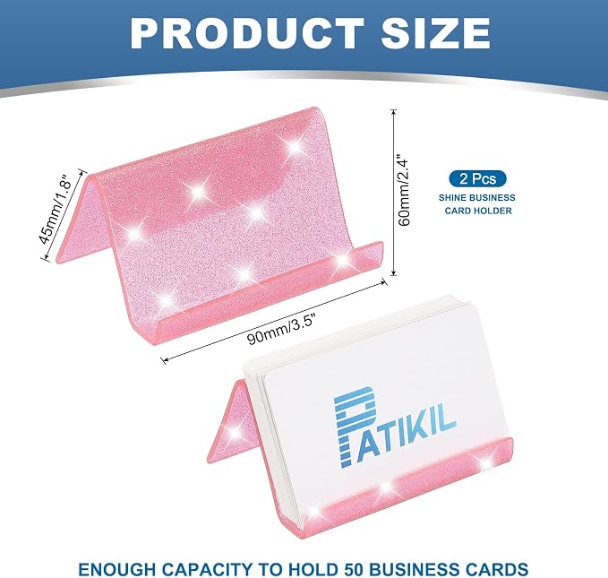 PATIKIL Business Card Holder for Desk, 2Pcs Acrylic Business Card Holders Shine Card Stand Organizer Cards Display for Office Exhibition, Pink