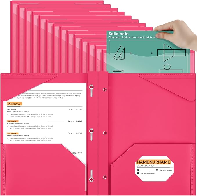Henoyso 36 Pcs Plastic Folder with Clear Front Pocket and 3 Prong Plastic Folders with Card Slot Pocket Folders with Prongs for School Office (Rose Pink)