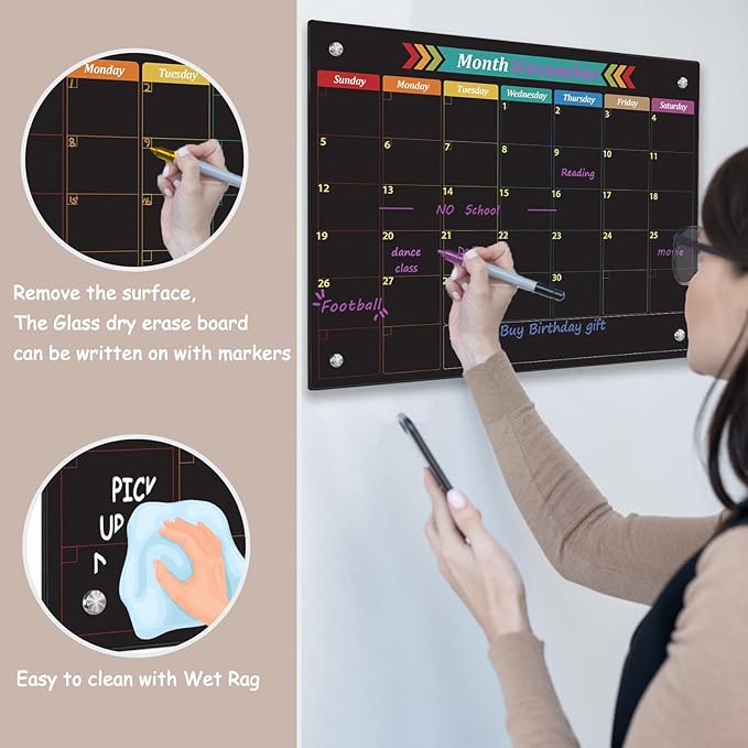 Glass Dry Erase Whiteboard, Color Monthly Calendar Whiteboard, 18" x 24",Frameless Glass White Board for Home, School, Office, Black Surface(BoLi-Color-4560)