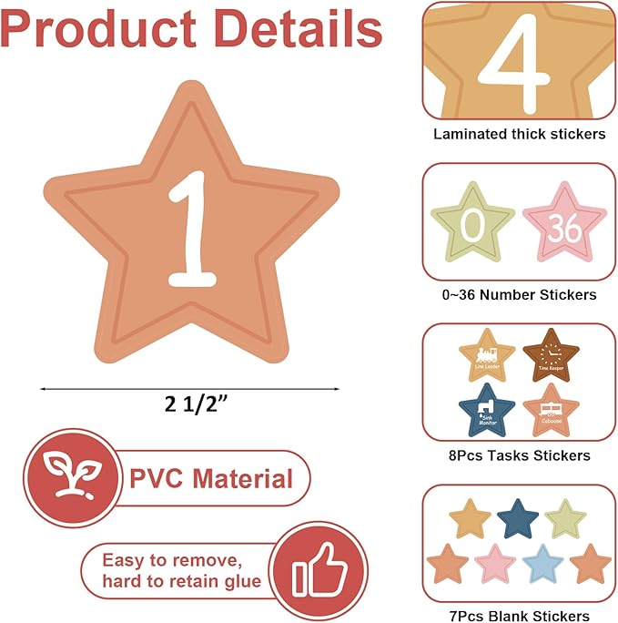 COCHIE Colorful Line Up Spots for Classroom Floor Decorations, 52PCS 4" Number Stickers for Teachers, Vinyl Floor Dots Decals, Back to School Supplies for Preschool, Kindergarten, Elementary (Star)