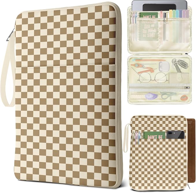 Plaid Book Sleeve Pouch For Women, Paperback Book Protector Case with Zipper, PU Leather Waterproof Book Pouch, Printed Book Carrying Case for Book Lovers Hardcover Girl Brown