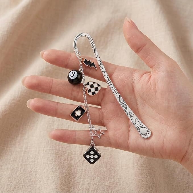 Personalized Metal Bookmark Gifts - Silver Y2K Aesthetic Bookmarks for Women Men Book Lovers Dice 8 Ball Charm Pandent Page Marks School Reading Accessories Bookish Birthday Graduation Gift
