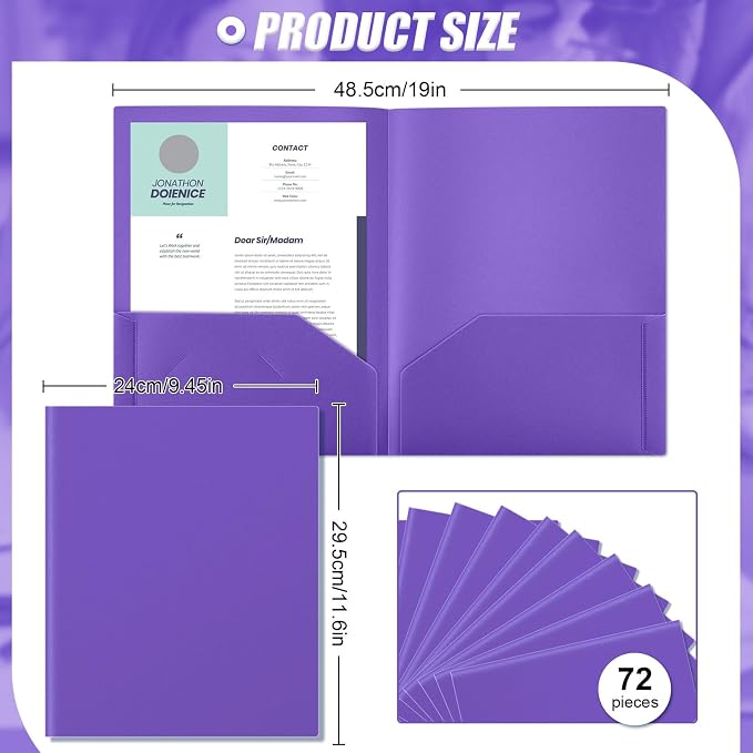 Gueevin 72 Pack Plastic Folder with Pockets, 2 Pocket Folders, Plastic Glossy Folders Fit Letter Size Paper, Heavy Duty Durable File Folder with Business Card for Home Office School (Purple)