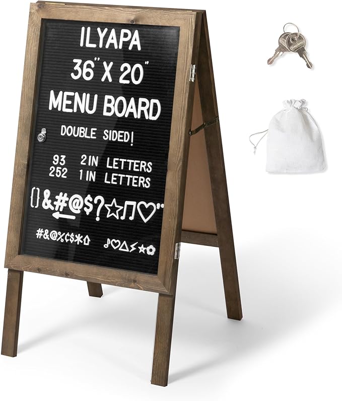 Ilyapa A Frame Sandwich Board Signs Outdoor Chalkboard & Felt Letter Board Sign with Changeable Letters - Wooden 36 x 20 in. Double Sided Magnetic Chalk Board & Letterboard for Sidewalk Advertising