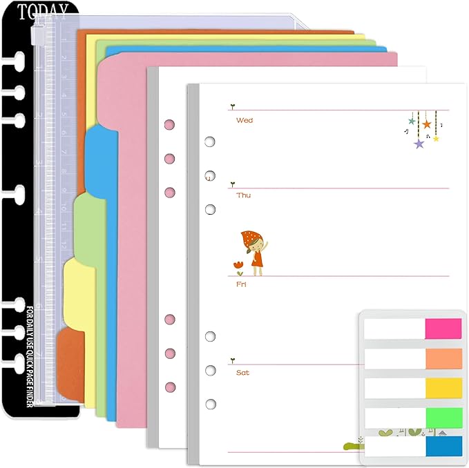 Rancco A5 Planner Inserts Weekly Planner Refills, 90 Pages Colorful 6-Ring Loose-leaf Paper Binder Inserts w/Divider, PVC Pouch, Ruler, Index Tab for Journal, Filofax, Double-sided, Undated, 8.3x5.6"