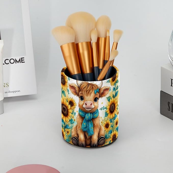 Leather Pen Holder for Desk, Highland Cow Sunflower Makeup Brushes Holder Pencil Cup Multifunctional Desktop Organizer Caddy for Home School Office Desk Accessories
