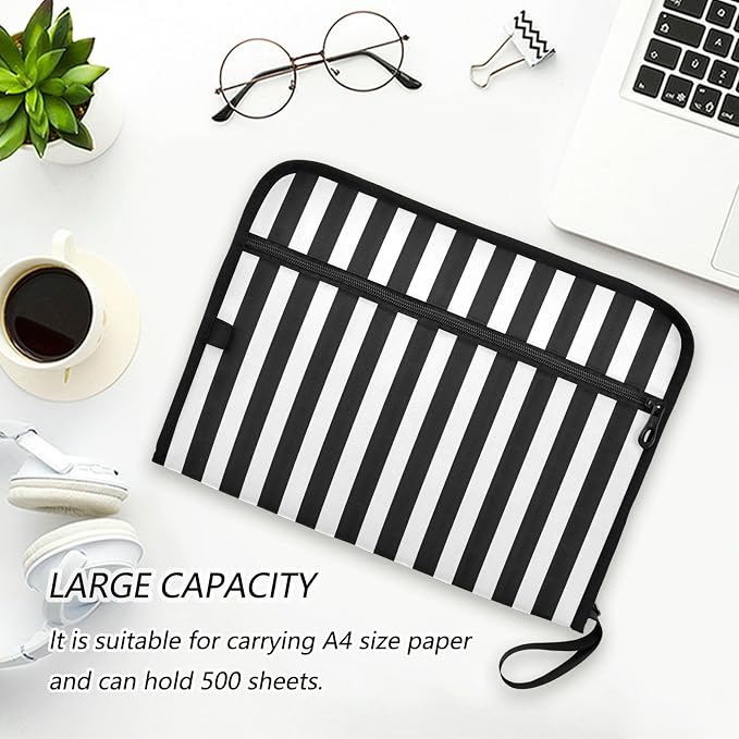 ALAZA Black White Striped 13 Pocket Expanding File Folder with Labels, Accordion File Folder File Organizer Letter A4 Paper for Office School Student