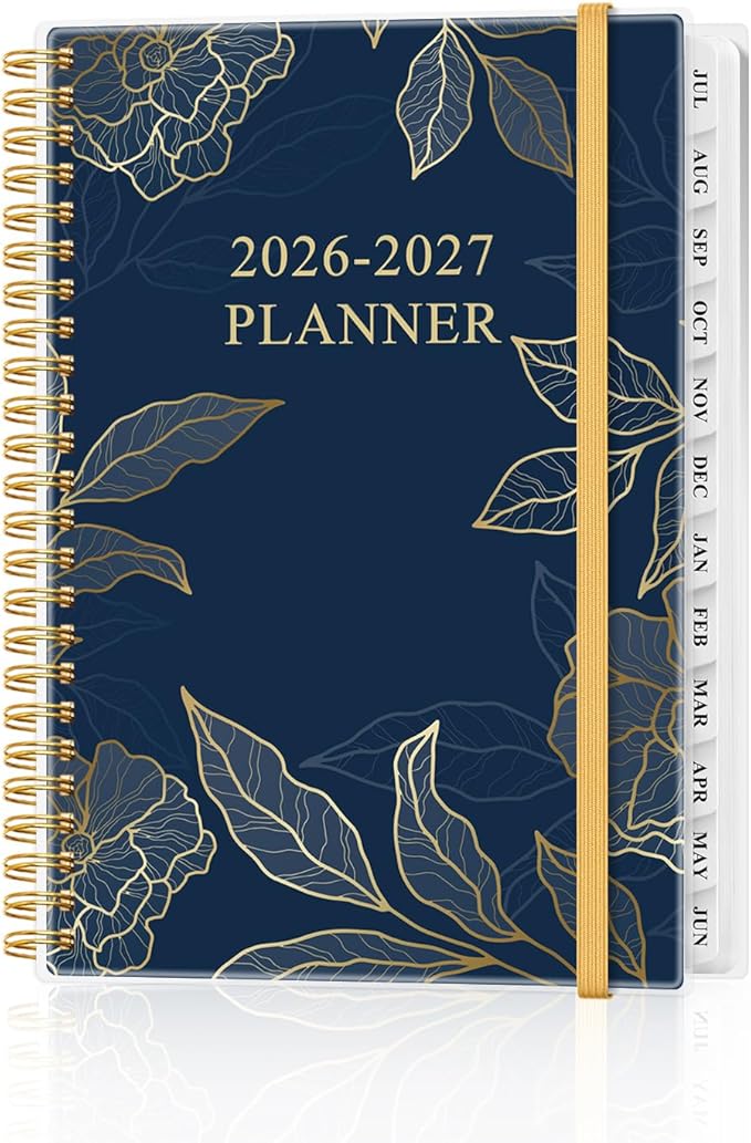 Academic Planner 2026-2027 - Weekly & Monthly Planner from July 2026 to June 2027, Agenda 2026 2027 with Inner Pocket, Elastic Band, 6.4" x 8.5", Blue Gold Leaf