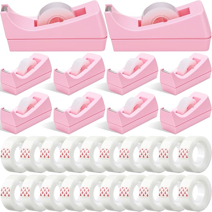Yahenda 10 Pack Pink Desktop Tape Dispenser Non Skid Base with 0.7 x 985 Inches Invisible Tape Refills Bulk Weighted Roll Dispenser for Office Home School