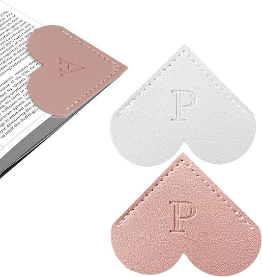 2Pcs Personalized Leather Heart Bookmark with Initial, 26 Letters Custom Corner Page Book Mark for Reading Women, Book Lovers, Teachers, Students, Cute Book Accessories Gifts(White+Pink, P)