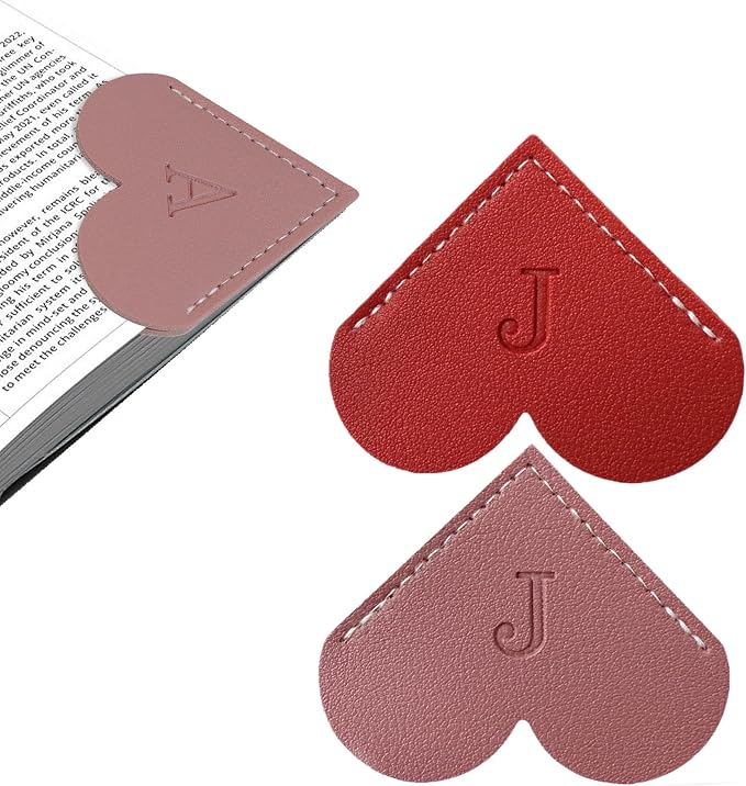 2Pcs Personalized Leather Heart Bookmark with Initial, 26 Letters Custom Corner Page Book Mark for Reading Women, Book Lovers, Teachers, Students, Cute Book Accessories Gifts(Red+Dark Pink, J)