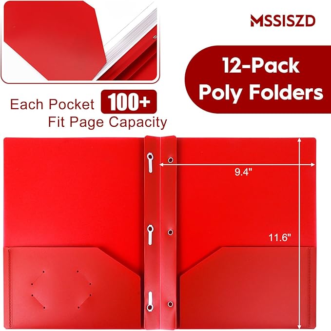 6-Pack Plastic Folders with Pockets and Prongs, 2-Pocket Folders with 3 Fasteners, Holds 8-1/2" x 11" Paper for School/Office/Home, Red