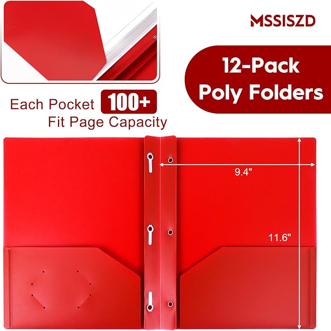 6-Pack Plastic Folders with Pockets and Prongs, 2-Pocket Folders with 3 Fasteners, Holds 8-1/2" x 11" Paper for School/Office/Home, Red