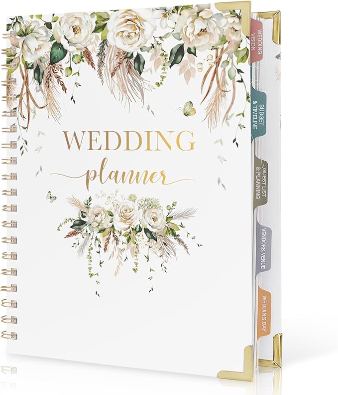 Boho Wedding Planner Book and Organizer, Bridal Wedding Planning Binder with Tabs, Pockets, Checklists, Calendars, Engagement Gift for Newly Engaged Couples, 8x10.8"