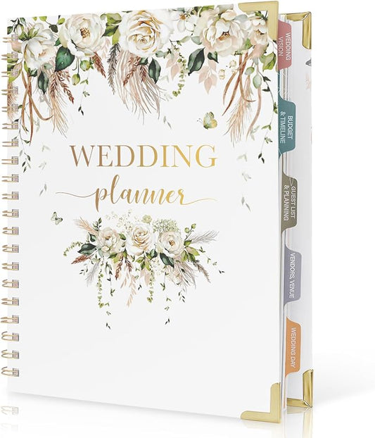 Boho Wedding Planner Book and Organizer, Bridal Wedding Planning Binder with Tabs, Pockets, Checklists, Calendars, Engagement Gift for Newly Engaged Couples, 8x10.8"