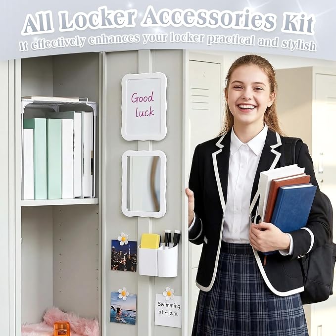 Colarr 16 Pcs White Locker Accessories for Girls Includes Magnetic Whiteboard & Mirror Locker Shelf Pen Holder 2 Dry Erase Marker & Eraser 9 Flowers for Back to School Essentials Decoration