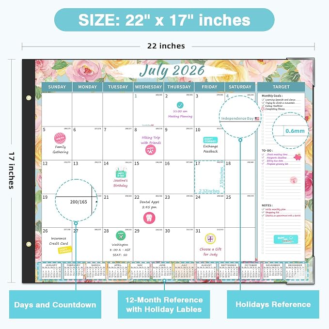 Ospelelf Calendar 2026-2027 Large Desk Calendar 2026 Monthly Desktop Calendar 22'' x 17'', 18 Month Family Office Calendar with Plastic Cover, Use July 2026 - Dec 2027, Watercolor Floral