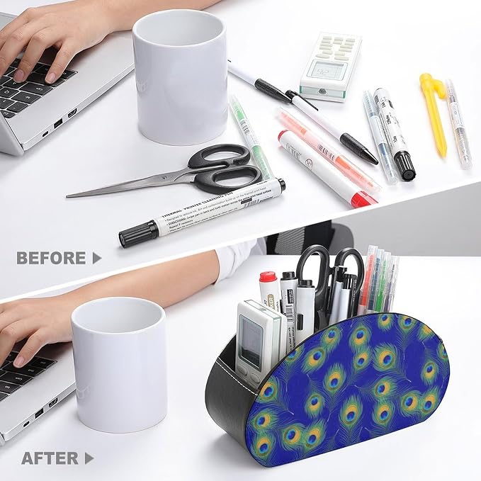 PU Leather Remote Organizer Box, 5-Compartment Storage for TV Remotes, Media Controllers, and Home Desk, Peacock Feathers