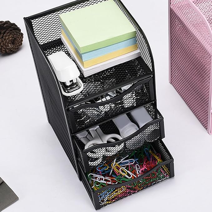 Desk Organizer with 3 Drawers Metal Mesh Slip Desktop Organizer for Office Supplies Stationery Black Office Products Desk Accessories Organizers Desk Supplies Holders