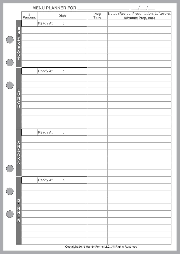 A5 Size Menu Planner and Shopping List, Sized and Punched for 6-Ring A5 Notebooks by Filofax, LV (GM), Kikki K, TMI, and Others. Sheet Size 5.83" x 8.27" (148mm x 210mm)