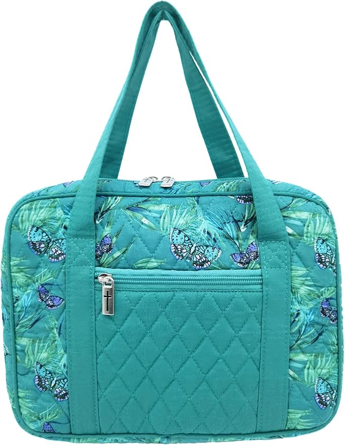 DIWI Quilted Bible Cover Extra Large Sizes 11.25 X 8.25 X 2.75 Inches Bible Tote Good Book Case Teal Color (XL, C2 Butterfly Green)