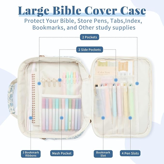 Personalized Initial Bible Cover Case for Women, Large Quilted Bible Bag with Durable Handle, Stylish Church Bag Journaling Kit with Study Supplies Accessories, Christians Gifts for Women (Blue-H)