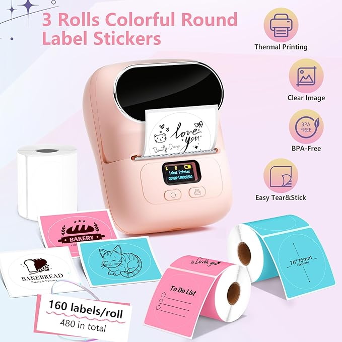 M110 Thermal Labels- 1.96" Colorful Round Label Sticker for Phomemo M120/M220/241BT for MUNBYN130B/RW402B Label Maker Printer,480 Pcs Waterproof Label Paper for Logo,Name,Price,Barcode