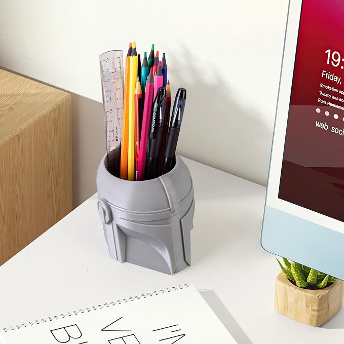 Cool Helmet Pen Holder, Armor Figurine Pencil Holder for Office Desk Decor, 3D Printed, Grey, Durable and Fun Gift Idea