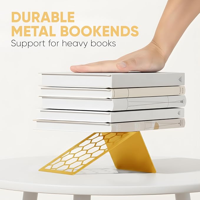 Gold Geometric Honeycomb Metal Bookends - Book Ends for Shelves - Decorative Modern Heavy Duty Bookend Stopper - Book Ends for Heavy Books - Home Office Book Holder - 2 Pair, 6x3.25x6.25 in