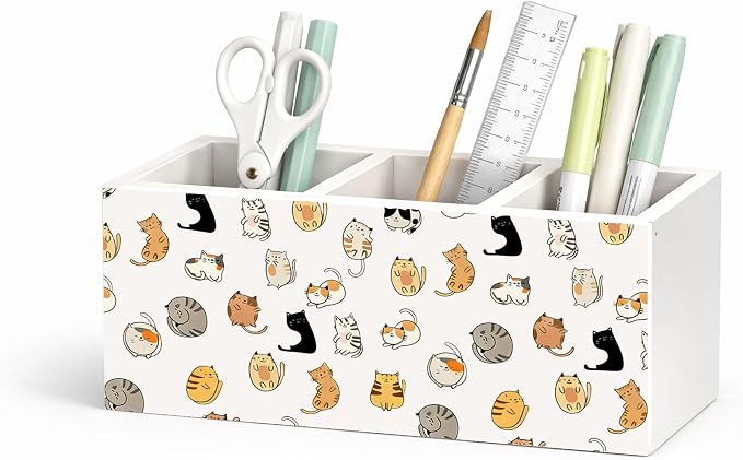 Cartoon Cat Pattern Wooden Desk Organizer | Cute Cat Pen Pencil Holder, 3-Compartment Decorative Office Supply Storage Box for Desk, Home Office, Cat Lover Decor