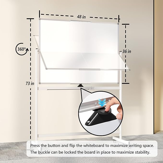 Large Rolling Whiteboard on Wheels, 48" x 36" Double-Sided Mobile White Board with Stand, 4' x 3' Portable Standing Magnetic Dry Erase Board Easel for Home Office Classroom School, Silver