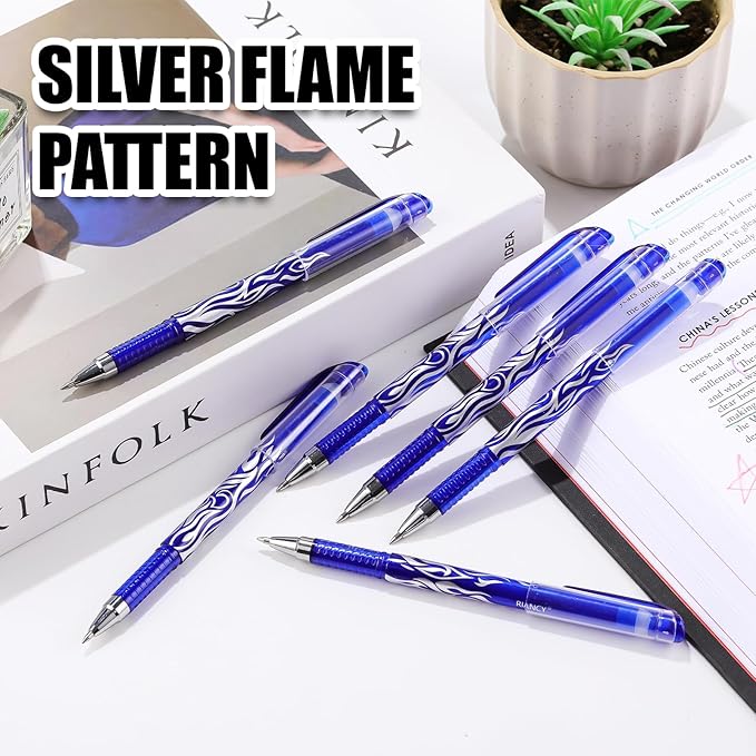 RIANCY 8 Pack Blue Ink Erasable Gel Pens, 0.5mm Fine Point, Flame Patterned Barrel, Comfortable Grip, with Eraser, Ideal for Journaling, School Work, Office Tasks, Note Taking, DIY Projects