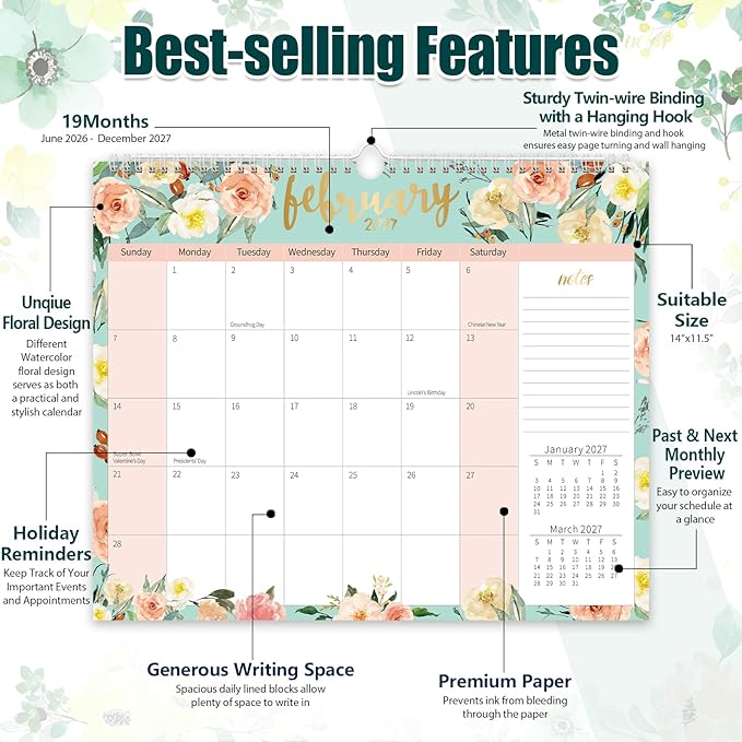 GuassLee Wall Calendar 2026-2027, Calendar Wall 2026, 19-Months Hanging Calendar Jun. 2026 to Dec. 2027, 14" x 11.5" Monthly Planner Wall with Thick Paper for Office School Home Teacher Academic