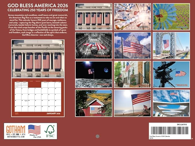 God Bless America Calendar 2026 Monthly Wall Calender 12 Month | American Made In The USA