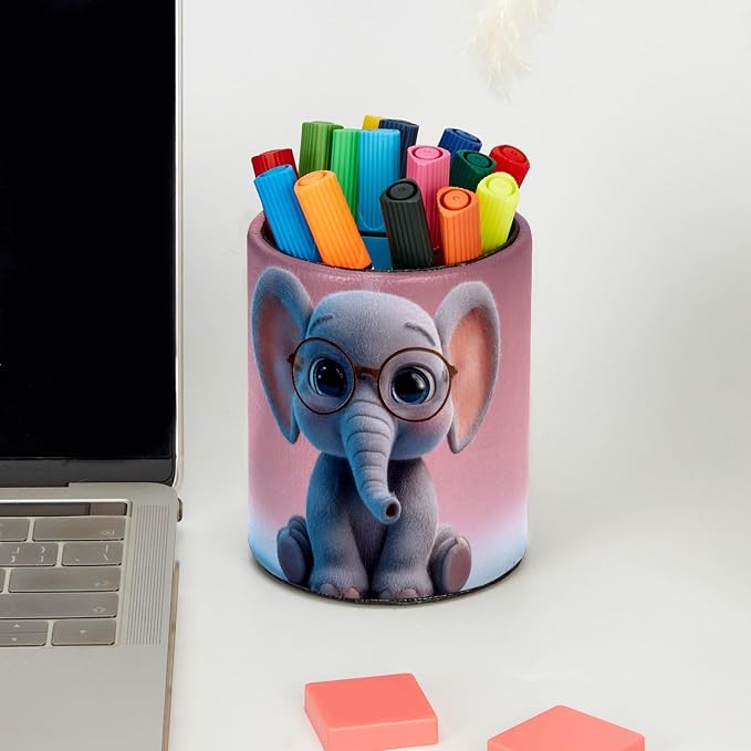 Leather Pen Holder for Desk, Cartoon Elephant Makeup Brushes Holder Pencil Cup Multifunctional Desktop Organizer Caddy for Home School Office Desk Accessories