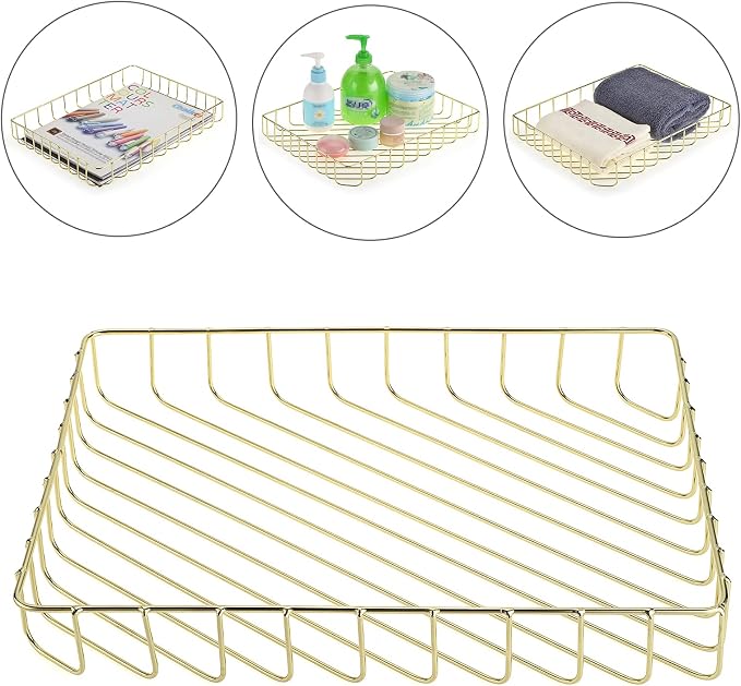 BTSKY Multipurpose A4 File Tray Wire Desk Tray Organizer Elegant Letter Size Desk Documents Trays Magazine Files Storage Basket Organizer Bin for Office Cosmetics Bathroom(Gold)