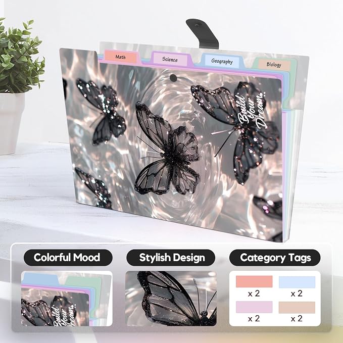 Cute Expanding File Folder - 5 Pockets Accordion Document Organizer, Waterproof Poly Plastic, A4/Letter Size for School Office Home - Butterfly Black