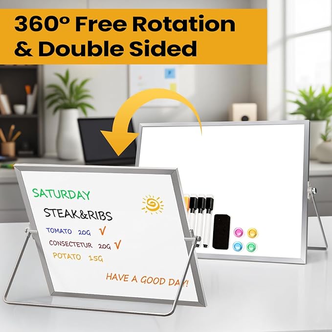 Desktop Whiteboard with Stand, 16" x 12" Double-Sided Dry Erase Board with Stand, Portable Stand White Board for Office, Home, School