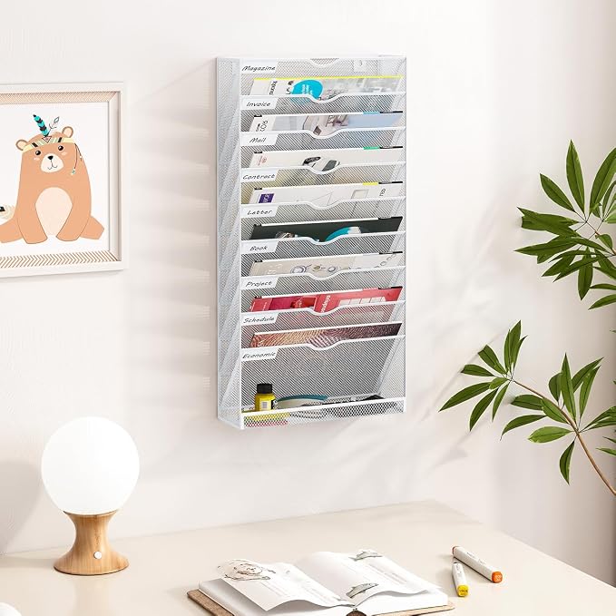 Hanging Wall File Organizer,10-Tier Desk File Mail Holder, Paper Bill Organization For Office Home School, White
