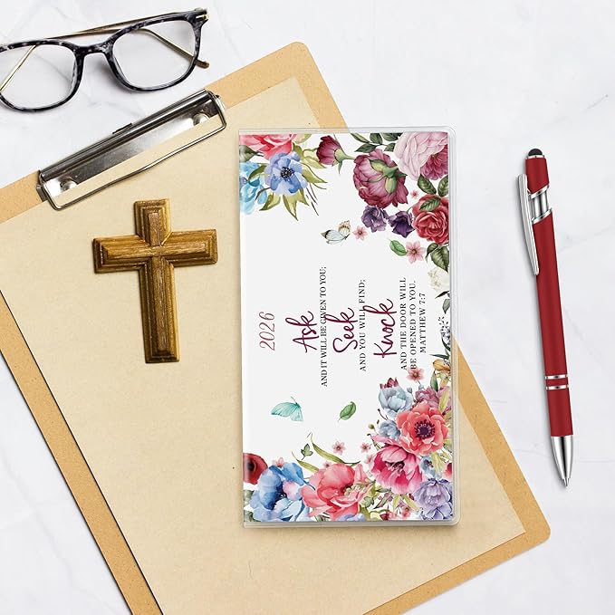 Gueevin 2026 Pocket Calendar for Purse with Pen Small Pocket Planner Handy Weekly Monthly Planner Journal Writing Notebook Valentine New Year Gift Sister Friend Women(Bible,Wine Red)