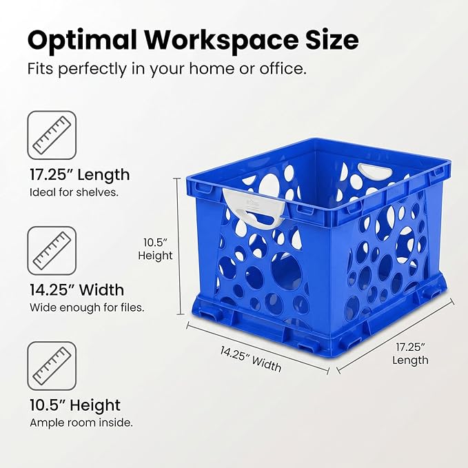 Storex Premium File Crate with Molded Handles – Letter & Legal Document Storage, Stackable, Heavy Duty Plastic, Classroom Blue, 3-Pack