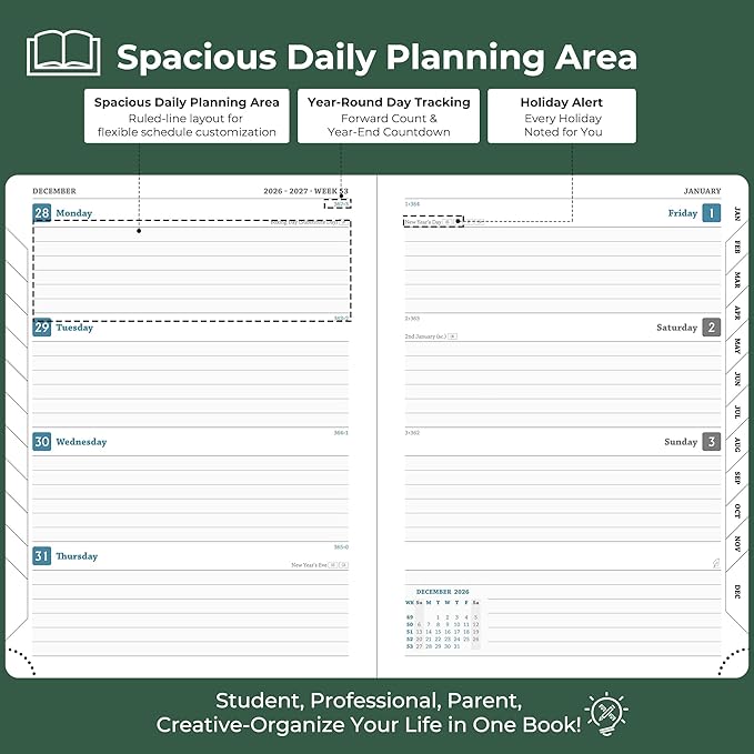 Weekly Monthly 2026-2027 Planner (July 26-Dec 27),8.5"x6.5",18 Months Agenda Plan with Month Tabs & Pocket,Expenses/Note Pages, Academic Calendar with Vegan Leather Cover,Green