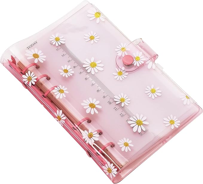 A6 A5 6-Holes Colorful PVC Cover Personal Organizer with Snap Button Closure File Folder for Loose Leaf Sheet Notebook (Pink Daisy, A6 Combo)