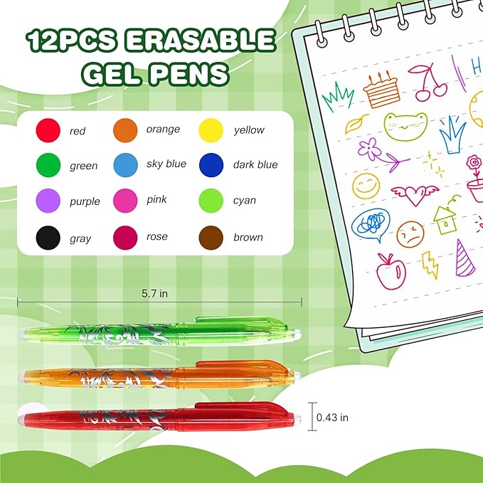 12 Pack 0.5 mm Erasable Gel Pens Rapid Dry Consistent Ballpoint with Ergonomic Grip for Writing Illustrating Fixing Rewritable Multicolor Pens for School Office Design