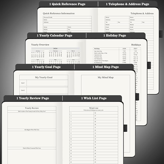 Daily Planner Undated, Planners 2026-2027, 365 Day Planners, Work Planner for Men, Hourly Planner Notebook for Goal Setting, Appointment Agenda, Hardcover, Start Anytime, A5, Black