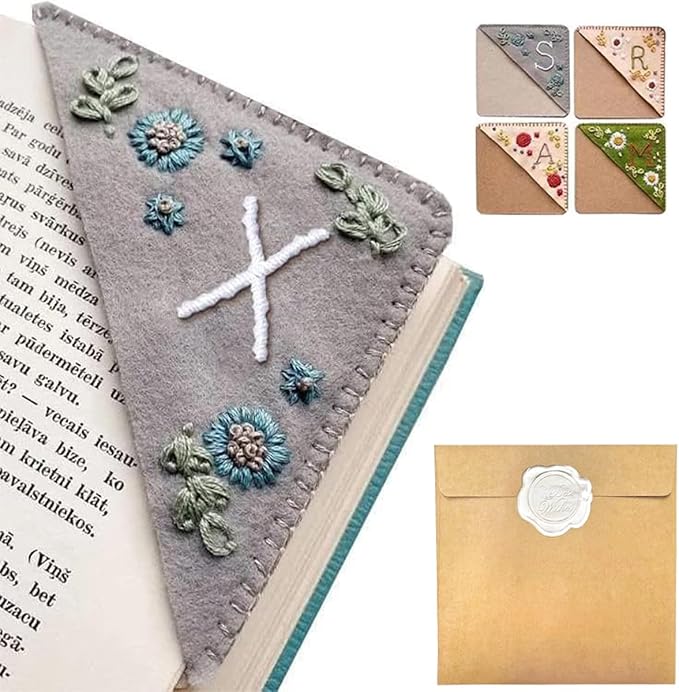 Personalized Hand Embroidered Corner Bookmark, 26 Letters Hand Stitched Felt Corner Letter Bookmark, Cute Flower Embroidery Bookmarks for Book Reading Lovers Meaningful Gift (Winter，X