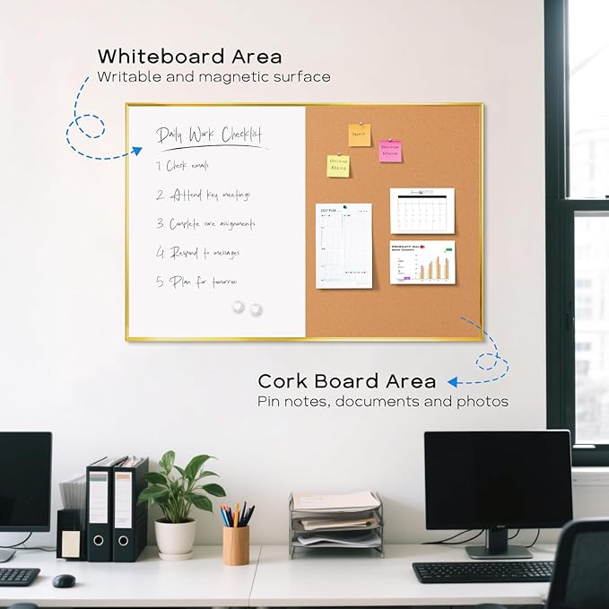 White Board Cork Board Combo, 36'' x 24'', Magnetic Dry Erase Board and Pin Board for Wall, Gold Aluminum Frame Bulletin Board for Home Office School with Accessories